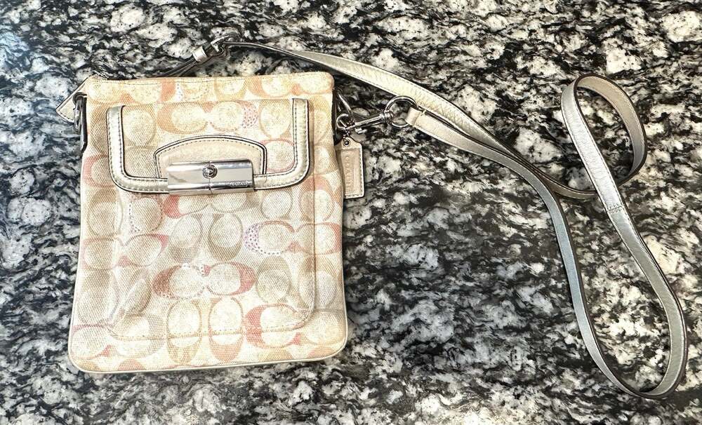 Coach Ashley Signature C Logo Pastel Metallic Sequence Crossbody Beige Tan Pink